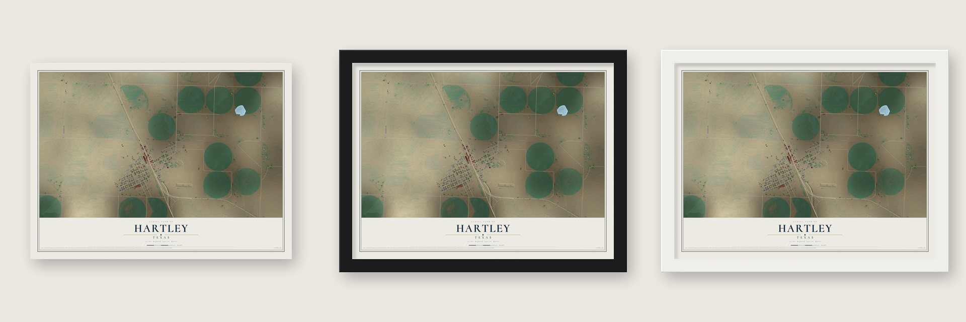 Hartley, Texas map unframed, in a black wood frame and in a white wood frame
