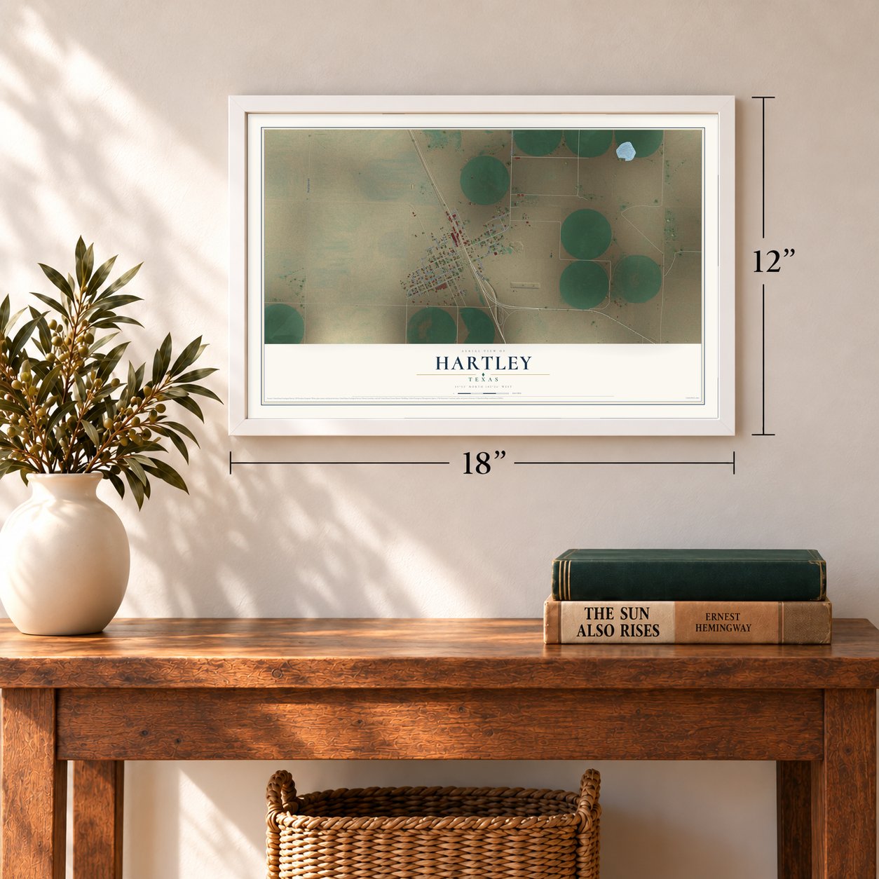 Hartley, Texas map, 12 x 18 inch print in a white frame in an entryway