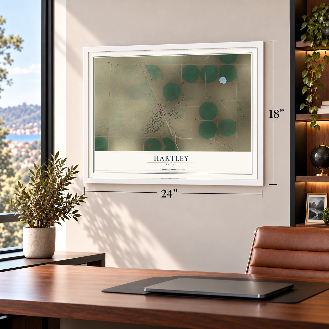 Hartley, Texas map, 18 x 24 inch print in a white frame in a home office