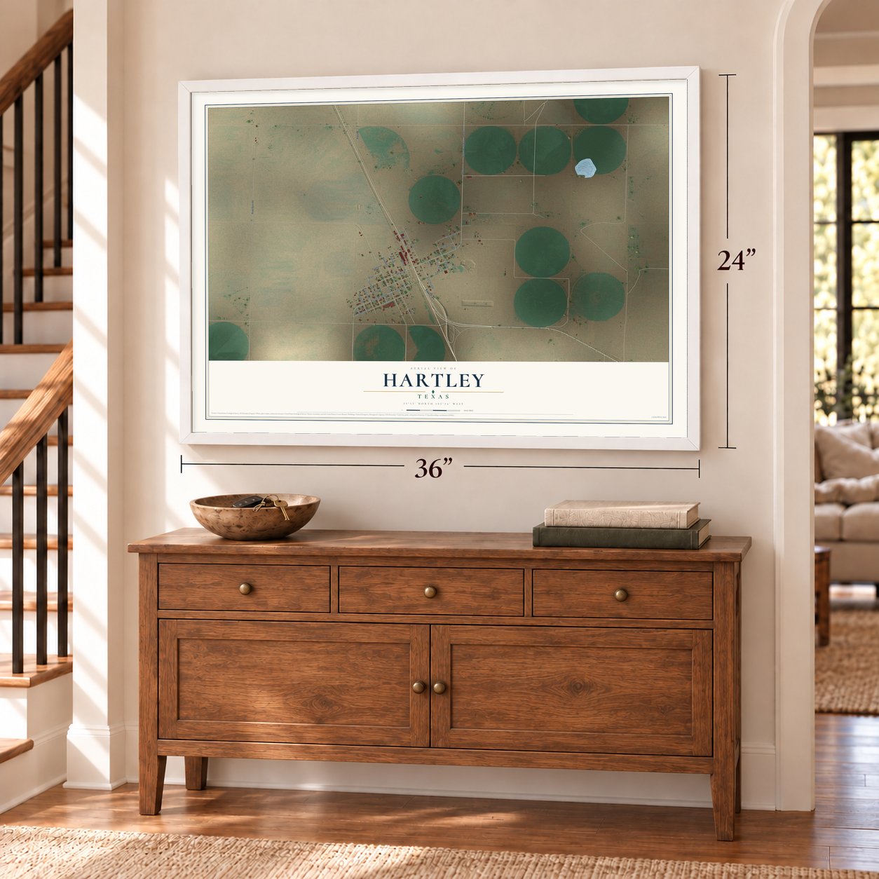 Hartley, Texas map, 24 x 36 inch print in a white frame above a dresser by a staircase