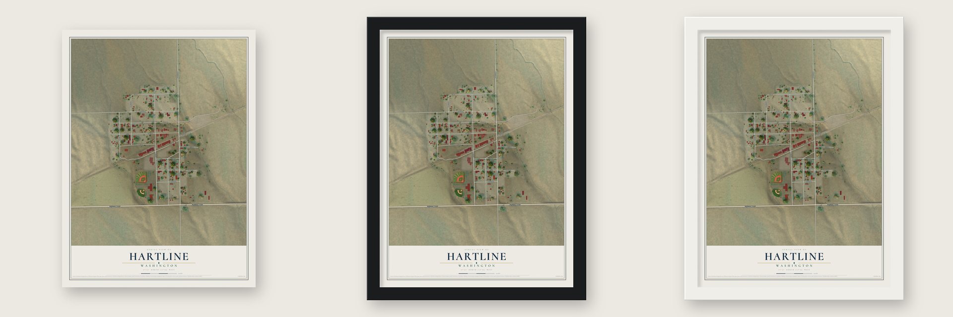 Hartline, Washington map unframed, in a black wood frame and in a white wood frame