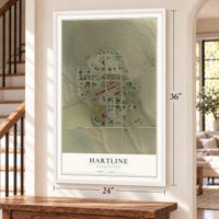 Hartline, Washington map, 24 x 36 inch print in a white frame by a staircase
