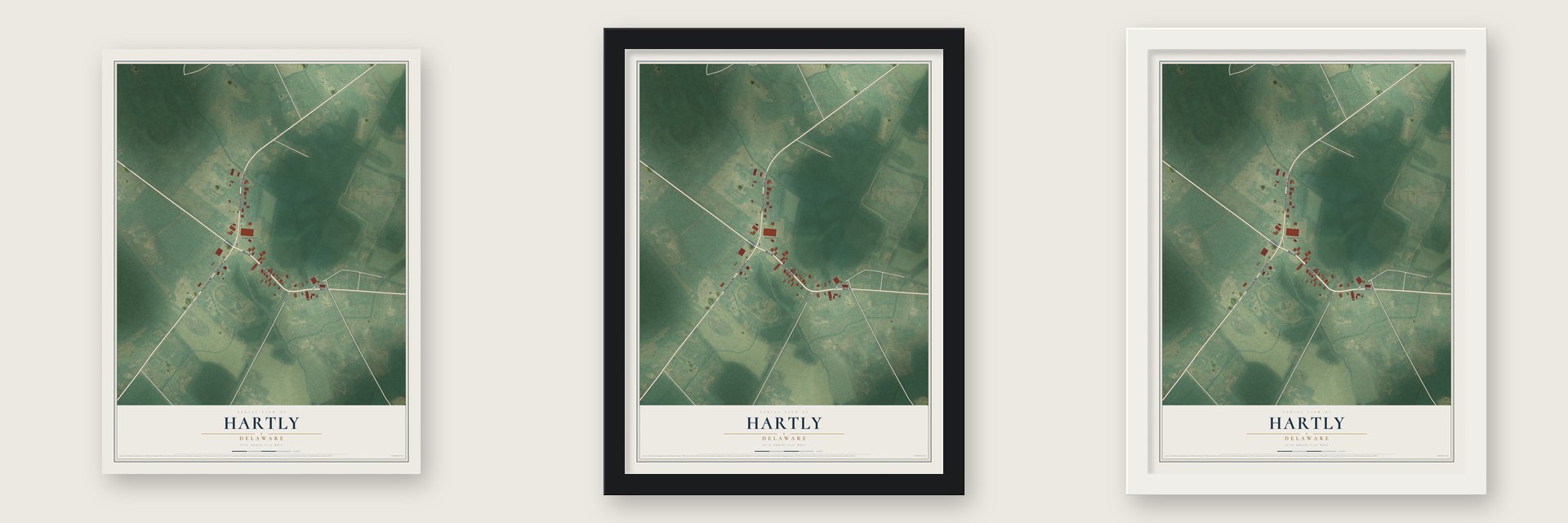 Hartly, Delaware map unframed, in a black wood frame and in a white wood frame