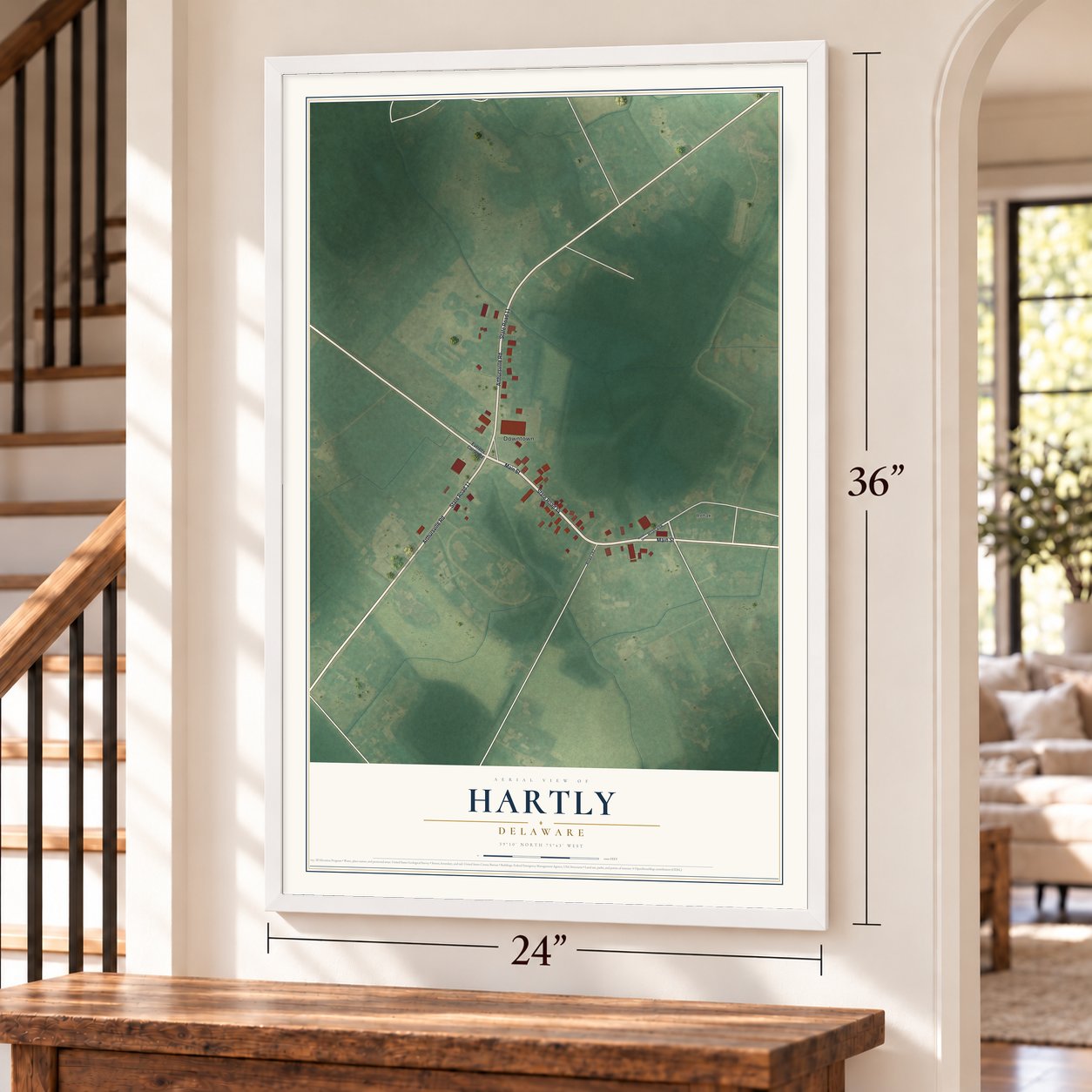 Hartly, Delaware map, 24 x 36 inch print in a white frame by a staircase