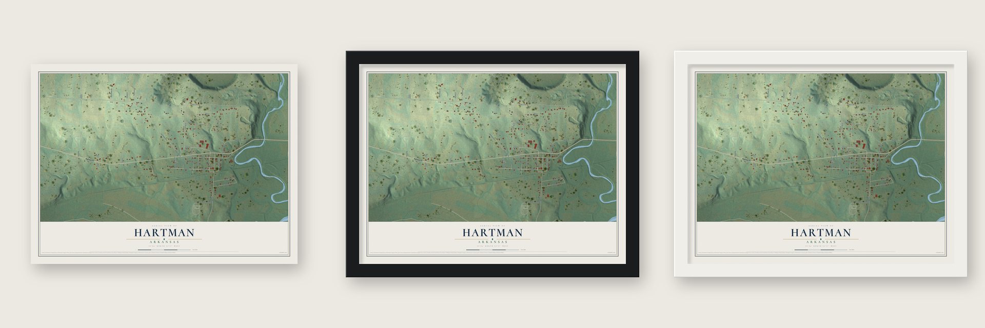 Hartman, Arkansas map unframed, in a black wood frame and in a white wood frame