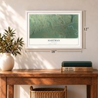 Hartman, Arkansas map, 12 x 18 inch print in a white frame in an entryway