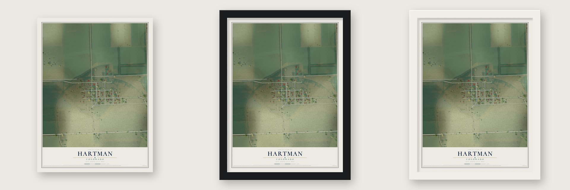 Hartman, Colorado map unframed, in a black wood frame and in a white wood frame