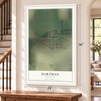 Hartman, Colorado map, 24 x 36 inch print in a white frame by a staircase