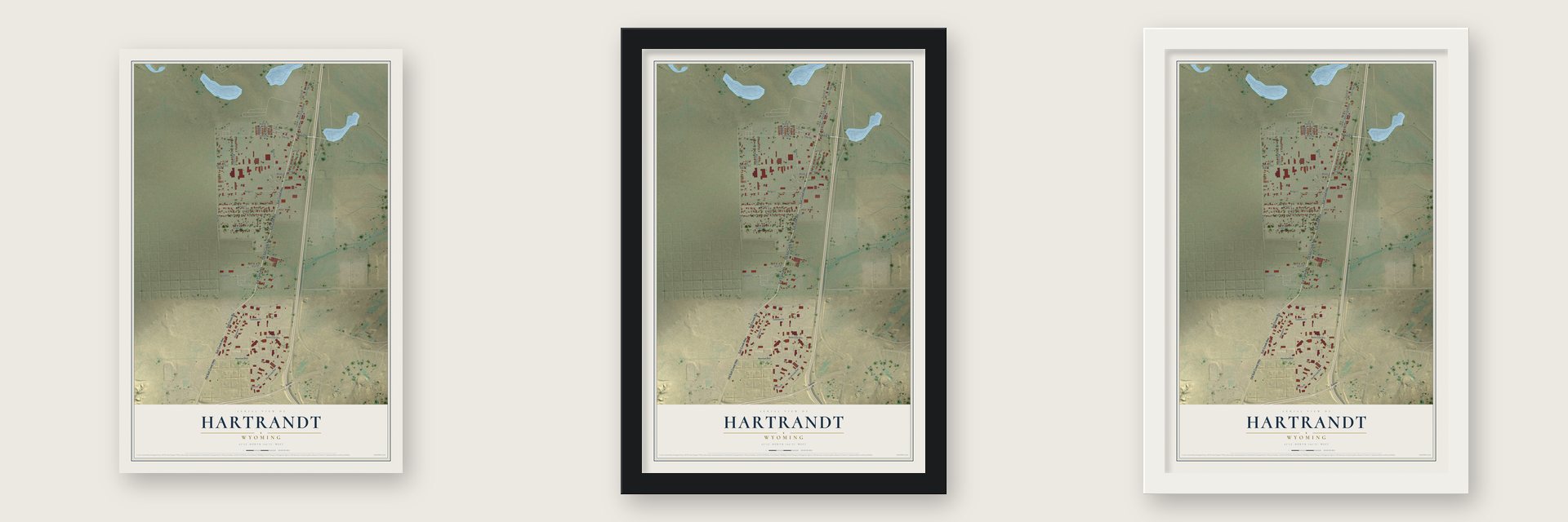 Hartrandt, Wyoming map unframed, in a black wood frame and in a white wood frame