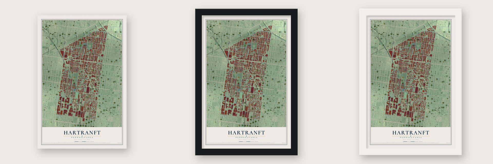 Hartranft, Pennsylvania map unframed, in a black wood frame and in a white wood frame