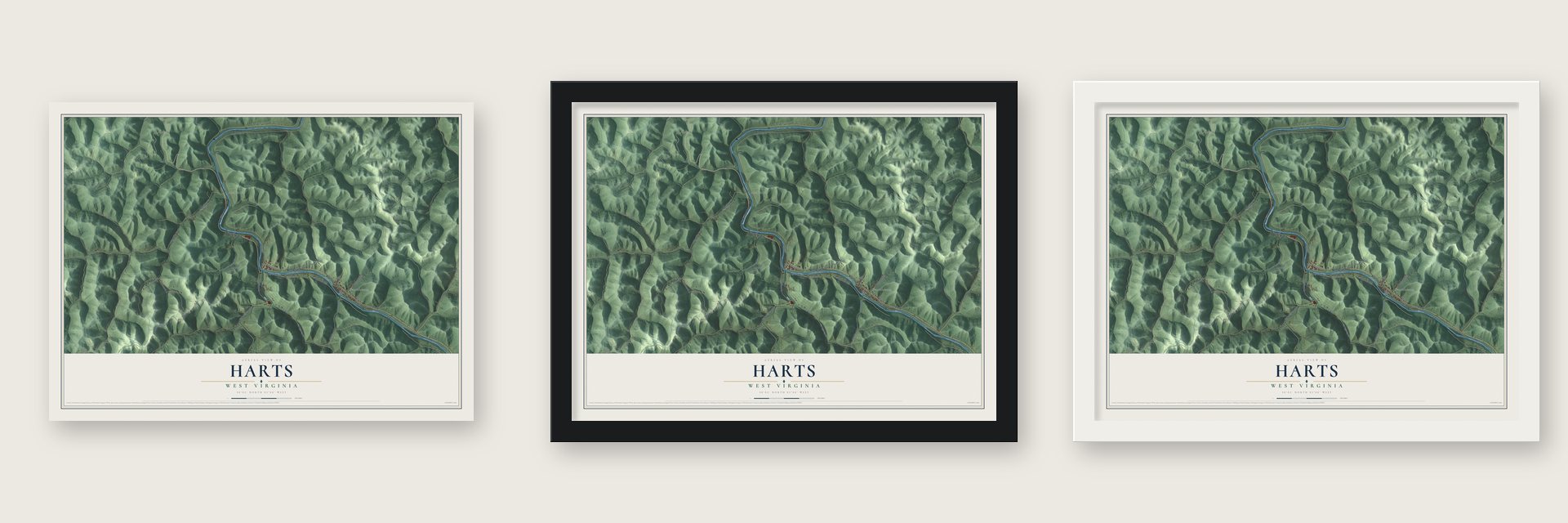 Harts, West Virginia map unframed, in a black wood frame and in a white wood frame