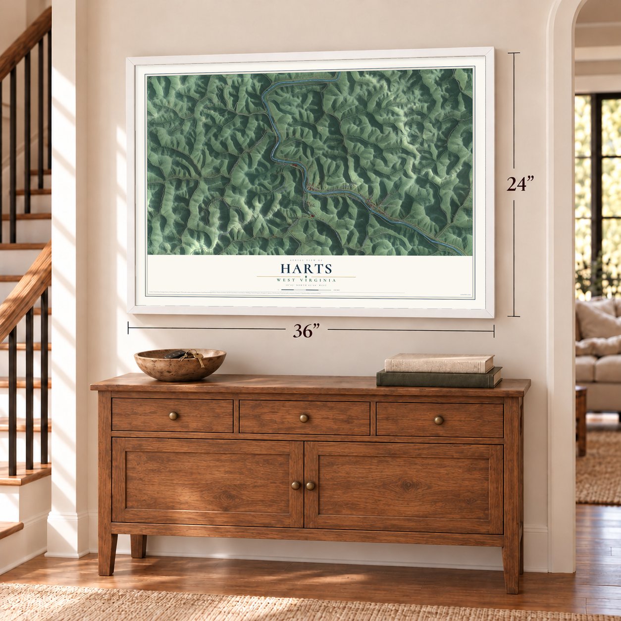Harts, West Virginia map, 24 x 36 inch print in a white frame above a dresser by a staircase