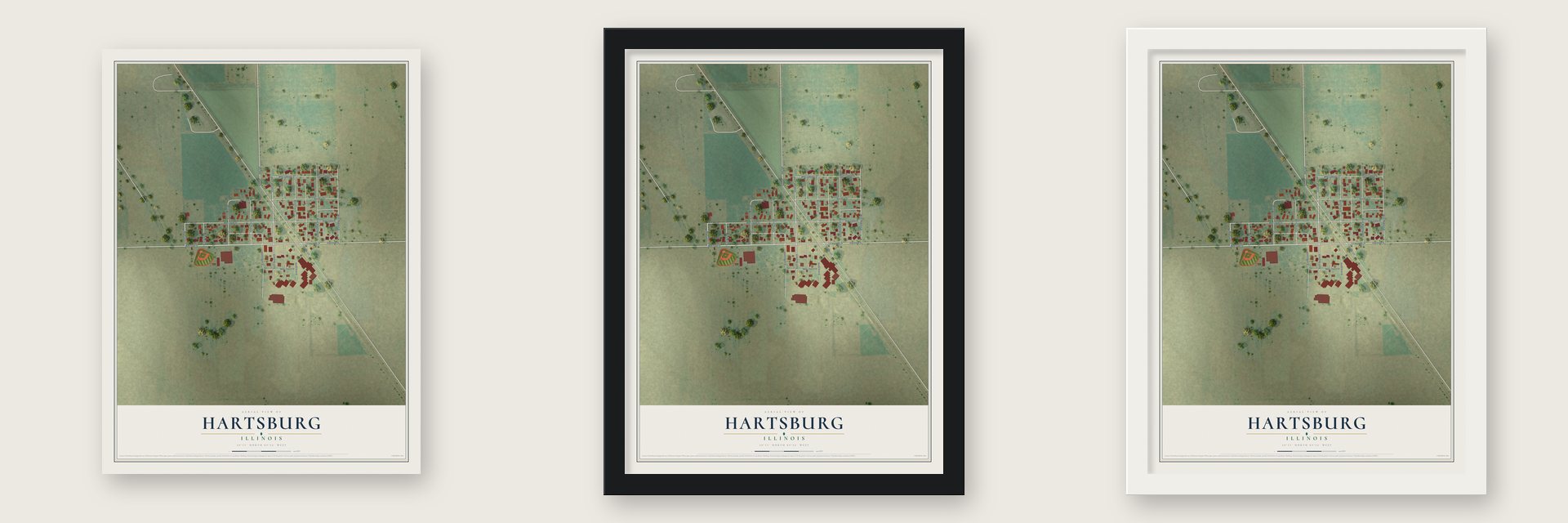 Hartsburg, Illinois map unframed, in a black wood frame and in a white wood frame