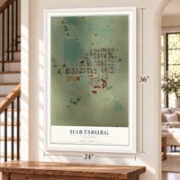 Hartsburg, Illinois map, 24 x 36 inch print in a white frame by a staircase