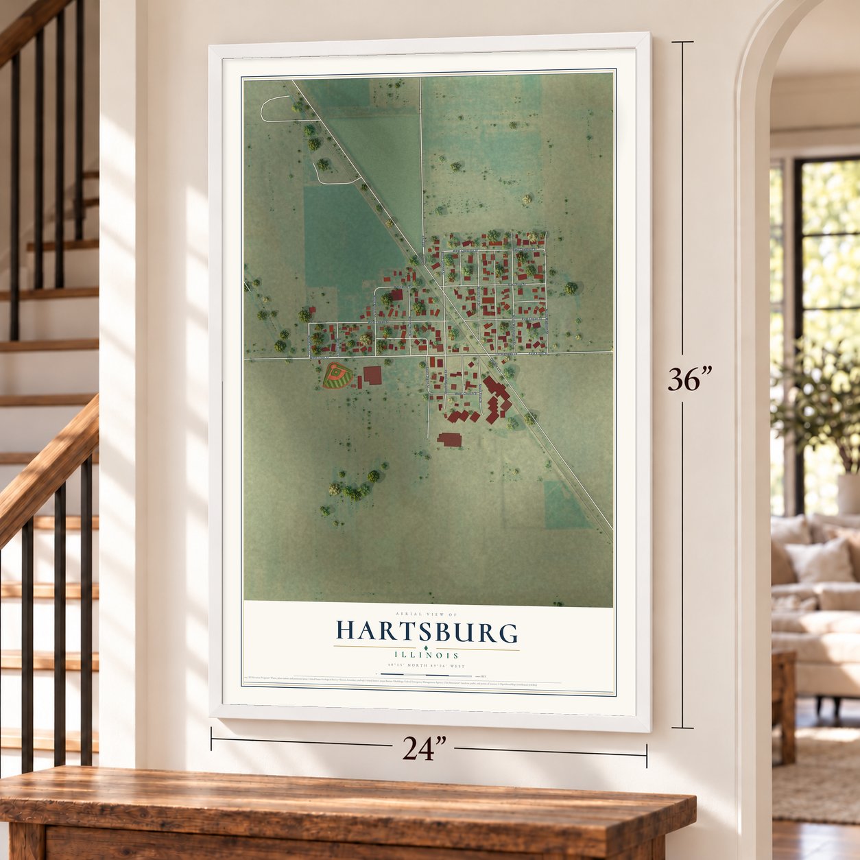 Hartsburg, Illinois map, 24 x 36 inch print in a white frame by a staircase