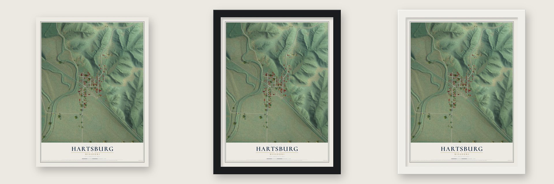 Hartsburg, Missouri map unframed, in a black wood frame and in a white wood frame
