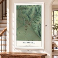 Hartsburg, Missouri map, 24 x 36 inch print in a white frame by a staircase