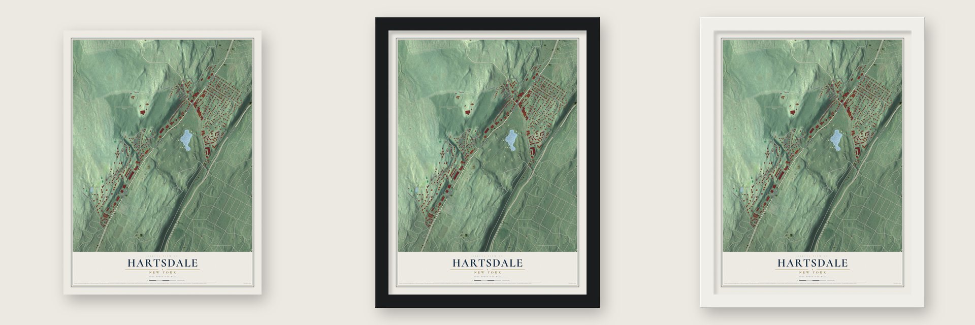 Hartsdale, New York map unframed, in a black wood frame and in a white wood frame