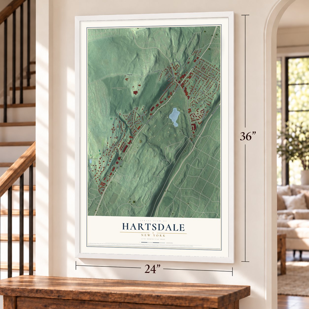 Hartsdale, New York map, 24 x 36 inch print in a white frame by a staircase