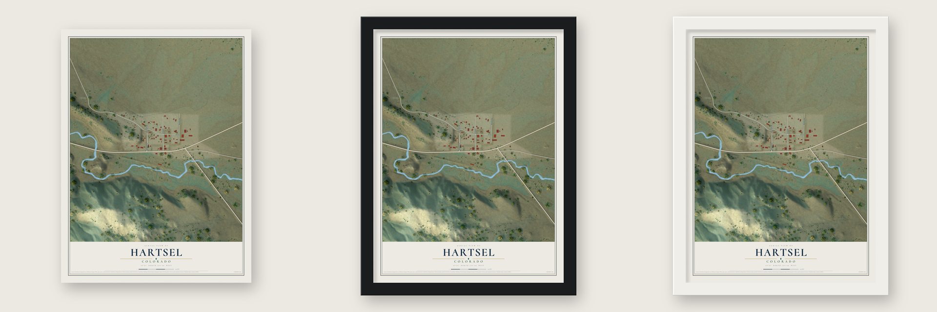 Hartsel, Colorado map unframed, in a black wood frame and in a white wood frame