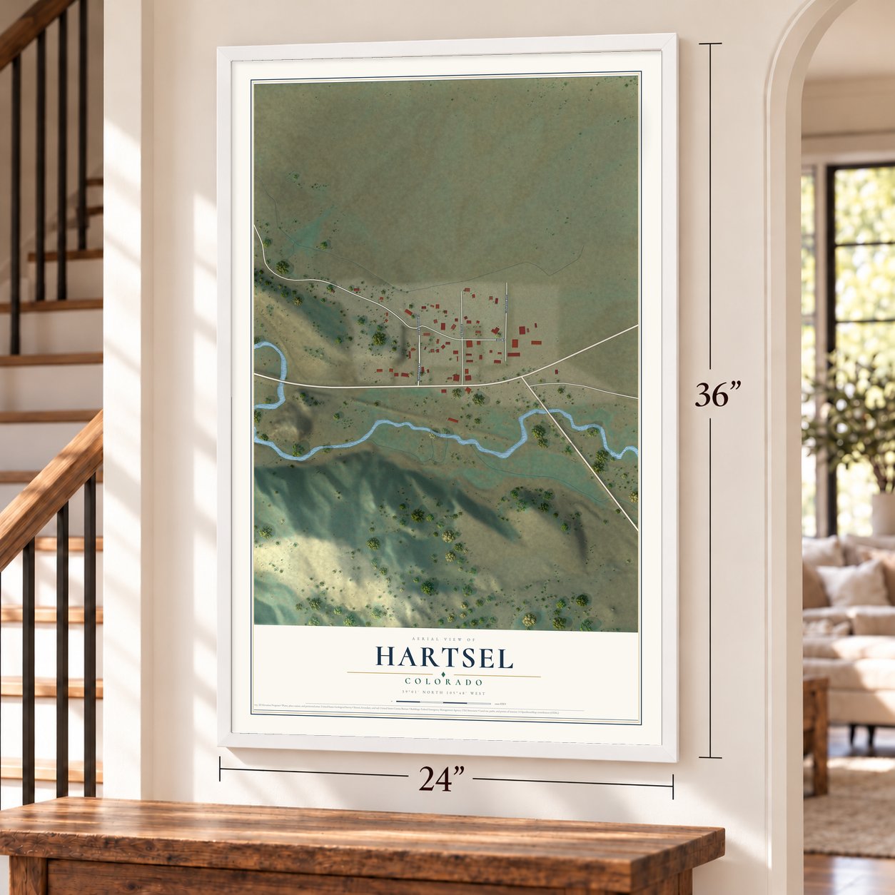 Hartsel, Colorado map, 24 x 36 inch print in a white frame by a staircase