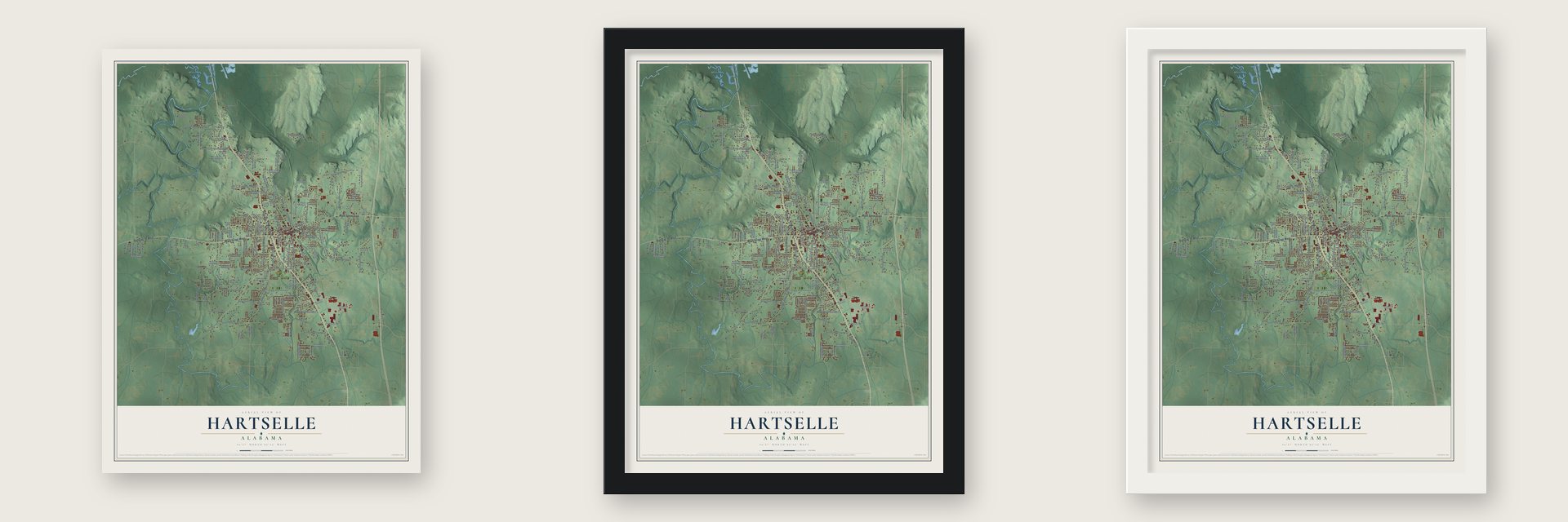 Hartselle, Alabama map unframed, in a black wood frame and in a white wood frame