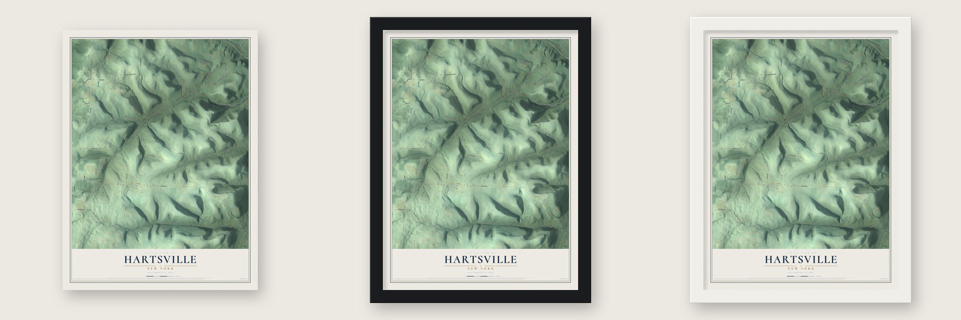 Hartsville, New York map unframed, in a black wood frame and in a white wood frame