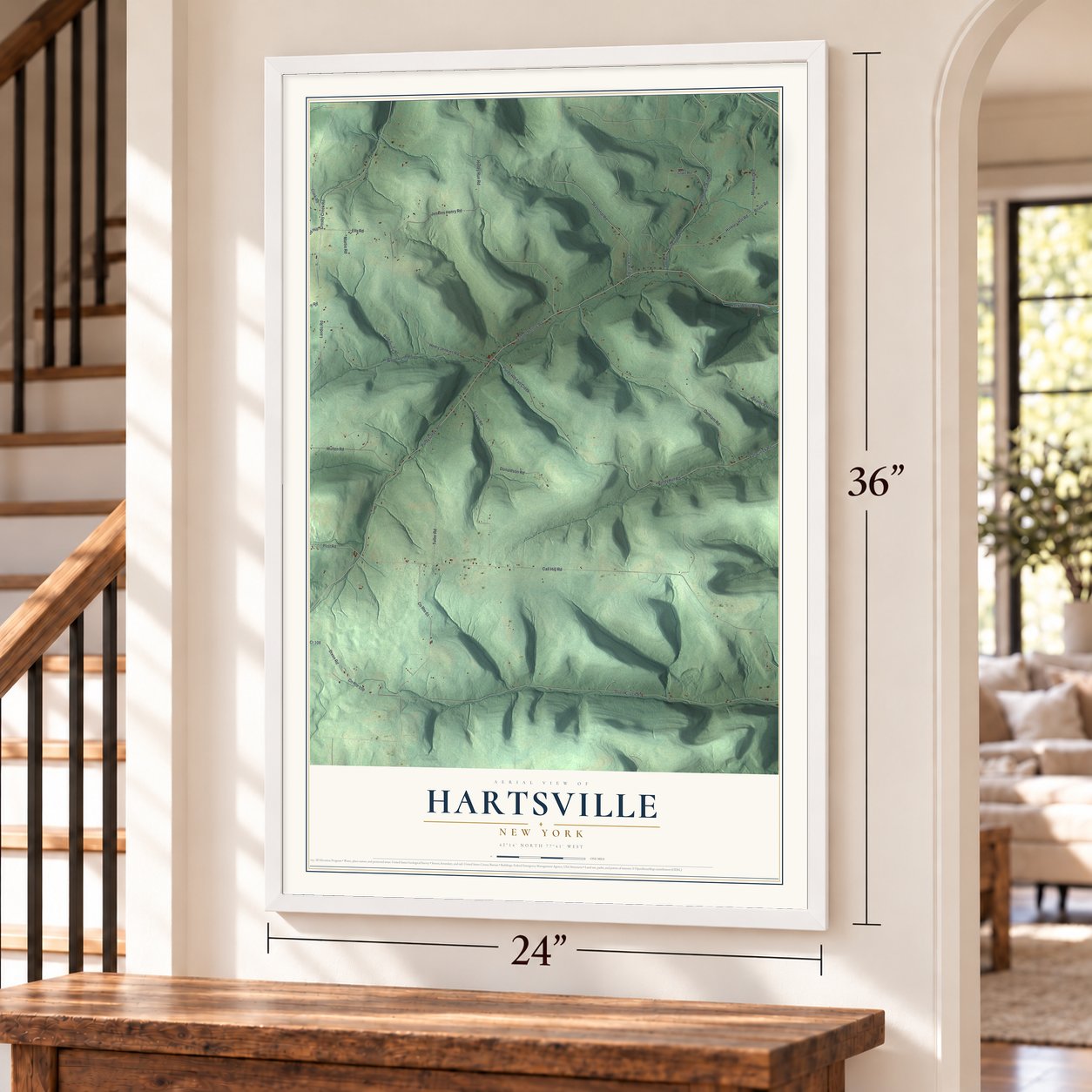 Hartsville, New York map, 24 x 36 inch print in a white frame by a staircase