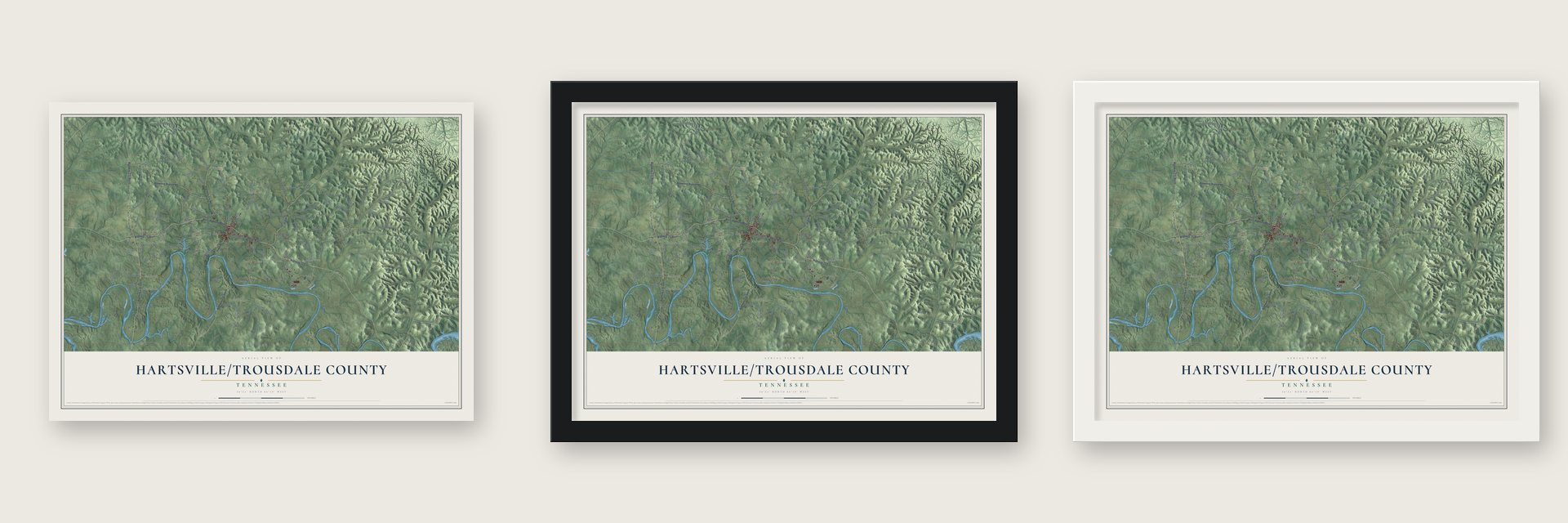 Hartsville-Trousdale County, Tennessee map unframed, in a black wood frame and in a white wood frame