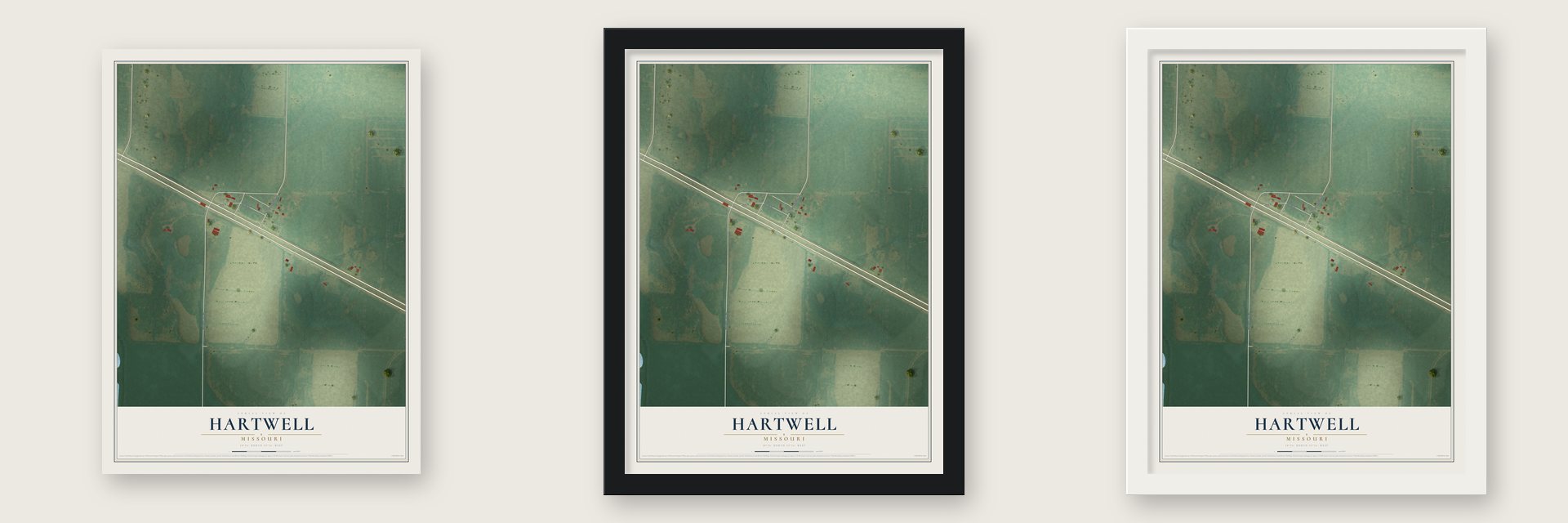 Hartwell, Missouri map unframed, in a black wood frame and in a white wood frame