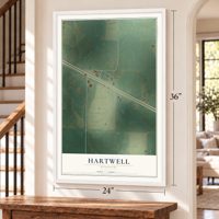Hartwell, Missouri map, 24 x 36 inch print in a white frame by a staircase