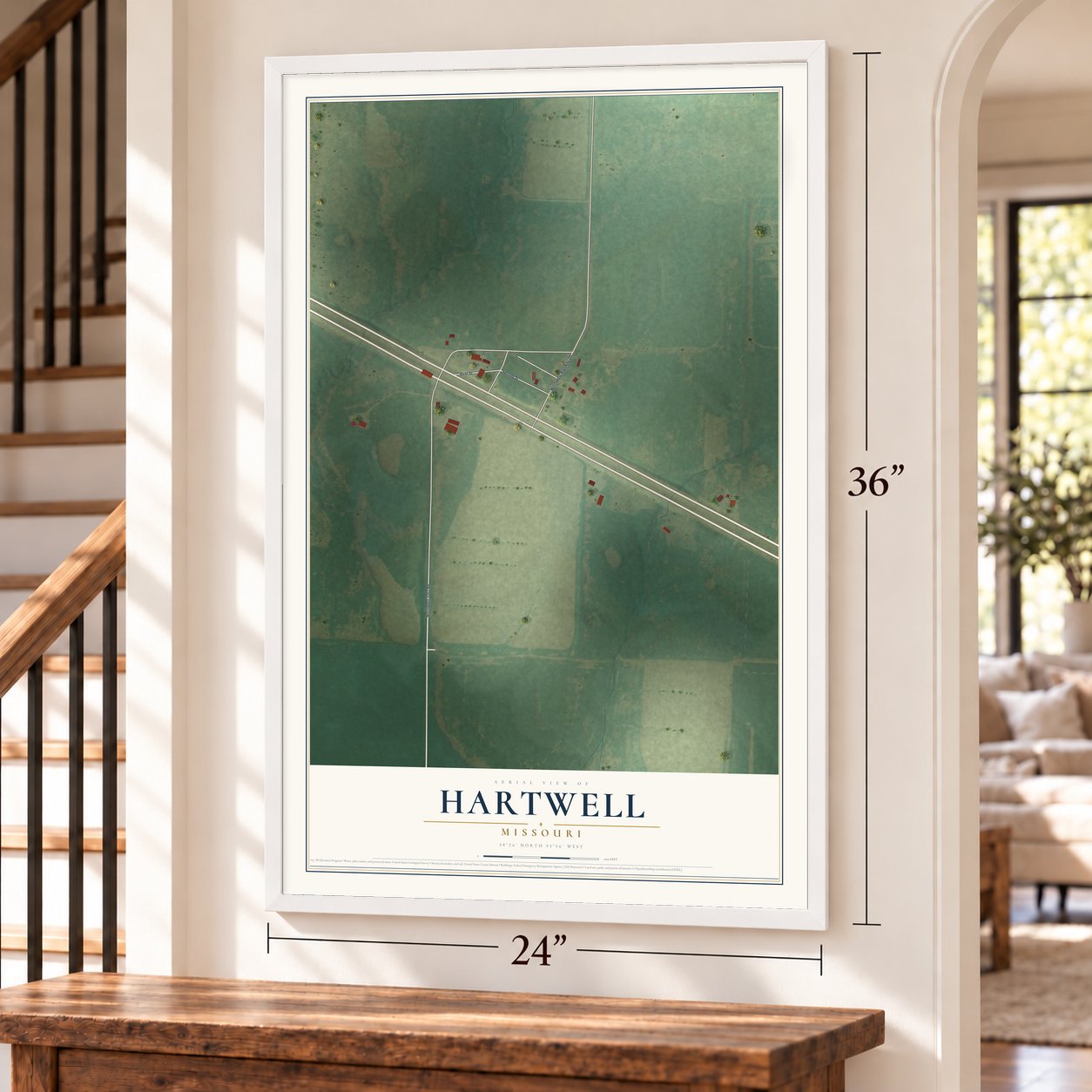 Hartwell, Missouri map, 24 x 36 inch print in a white frame by a staircase