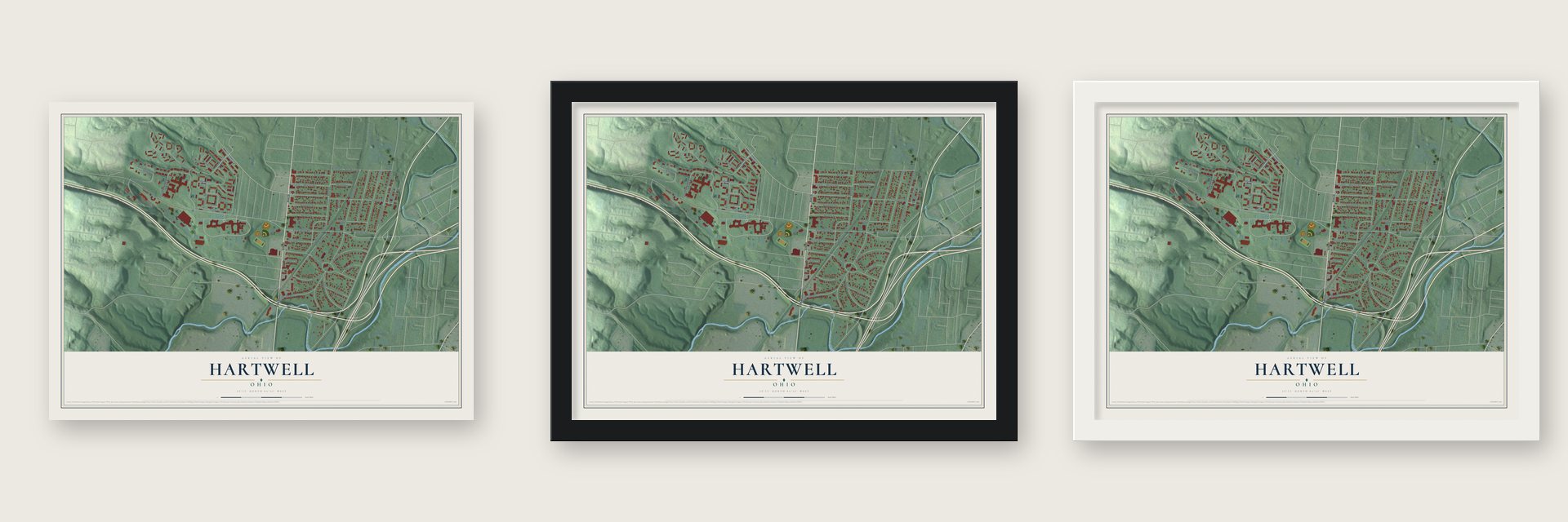 Hartwell, Ohio map unframed, in a black wood frame and in a white wood frame