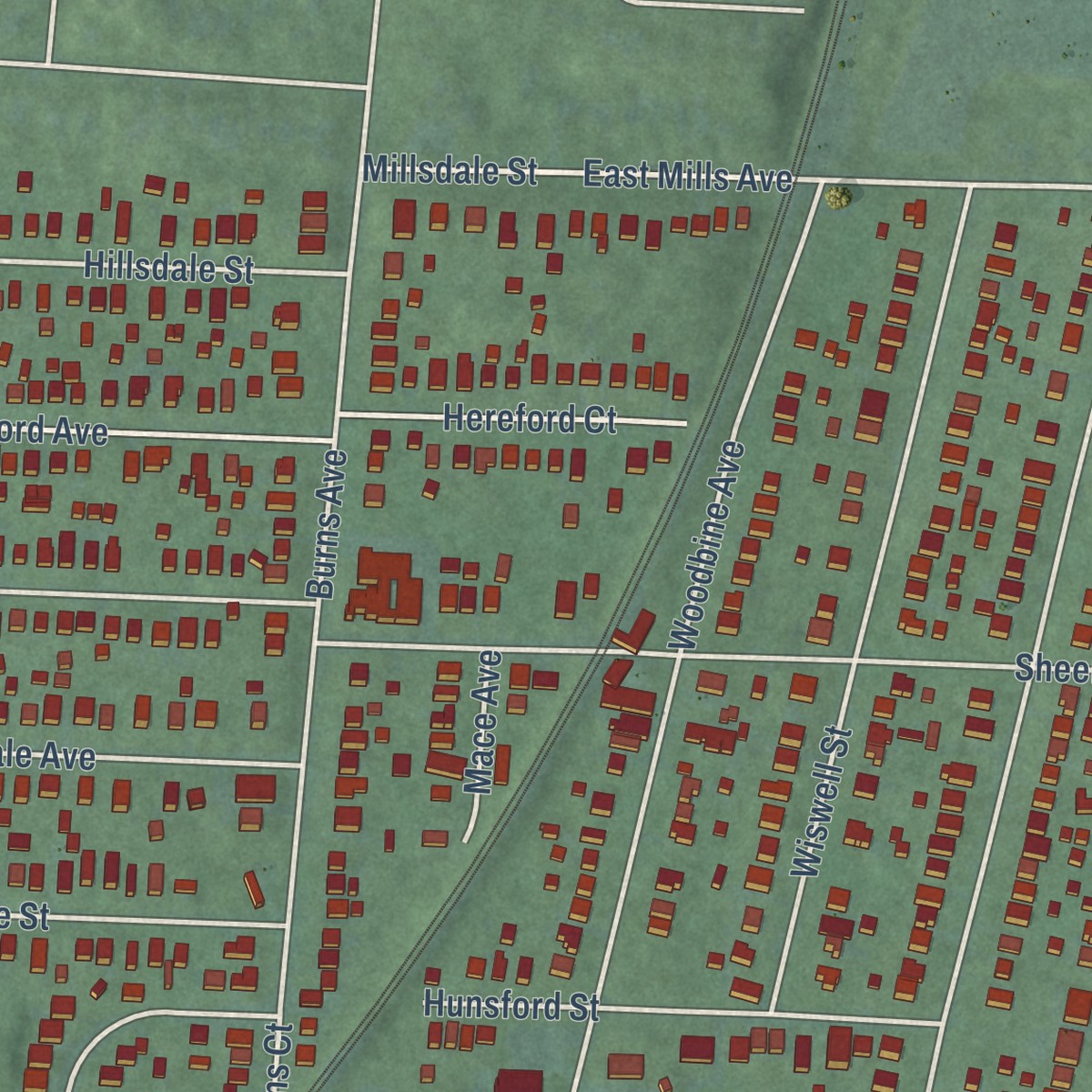 Second close-up of the map of Hartwell, Ohio print showing more streets and buildings