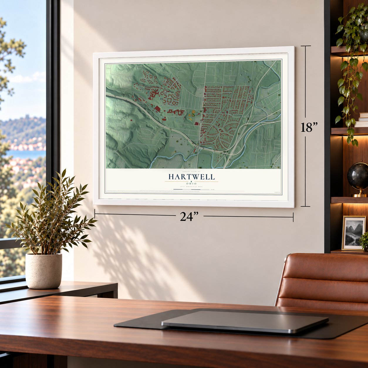 Hartwell, Ohio map, 18 x 24 inch print in a white frame in a home office