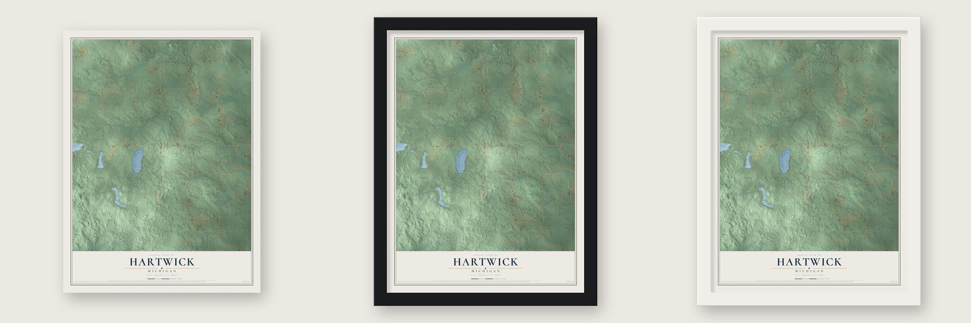 Hartwick, Michigan map unframed, in a black wood frame and in a white wood frame
