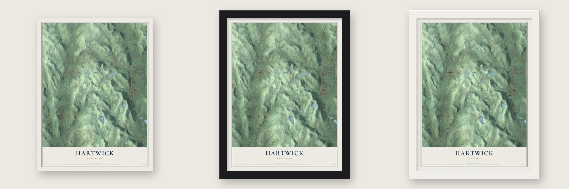 Hartwick, New York map unframed, in a black wood frame and in a white wood frame