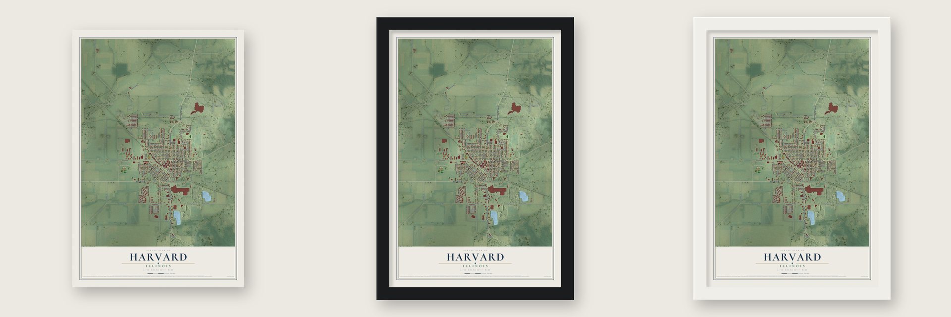 Harvard, Illinois map unframed, in a black wood frame and in a white wood frame