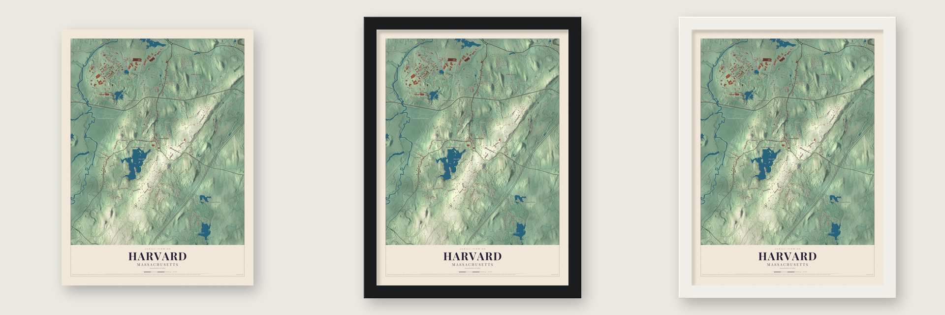 Harvard, Massachusetts map unframed, in a black wood frame and in a white wood frame