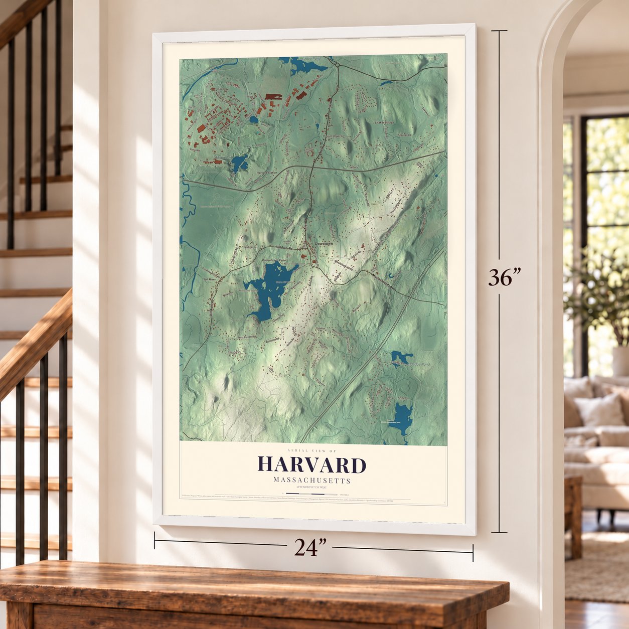 Harvard, Massachusetts map, 24 x 36 inch print in a white frame by a staircase