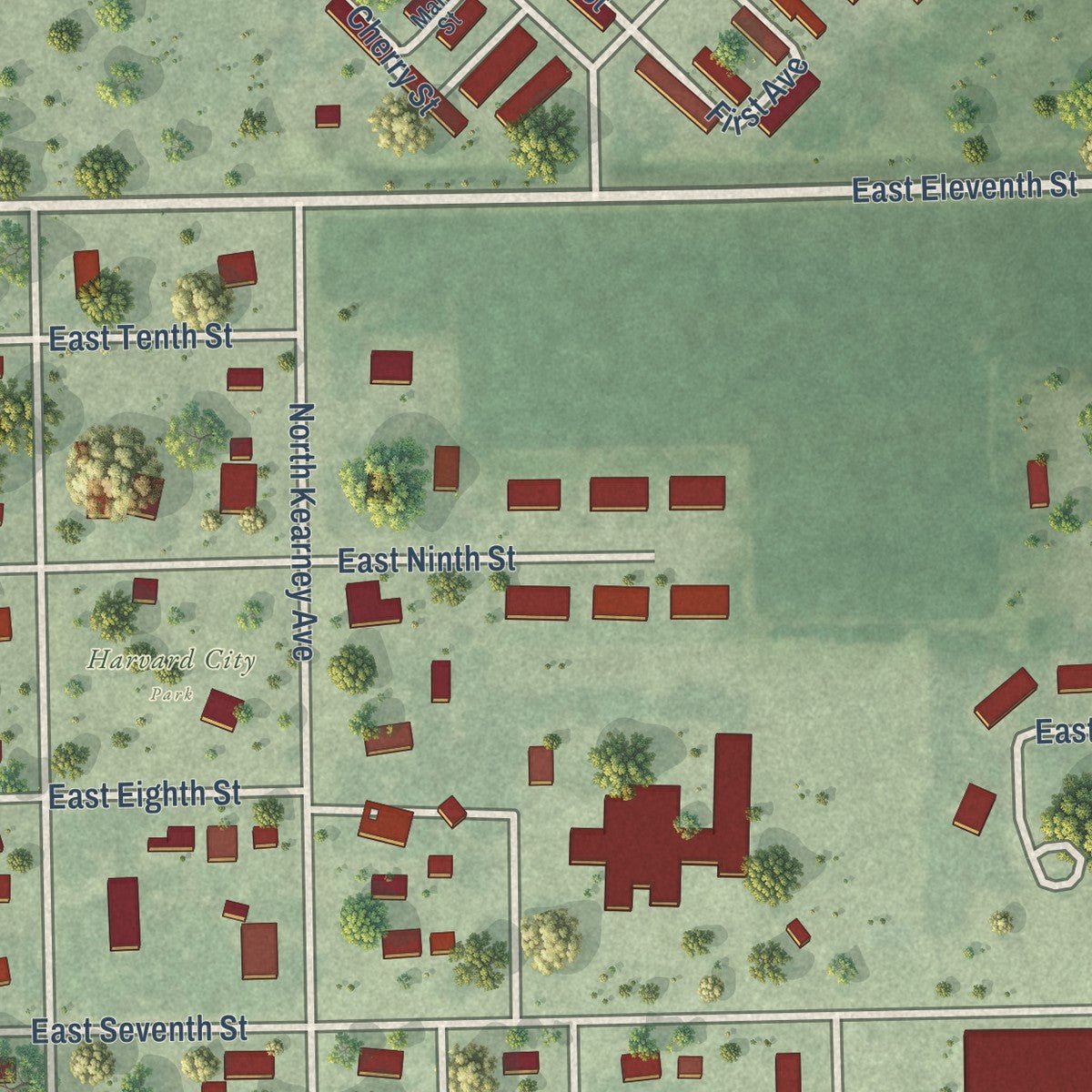 Second close-up of the map of Harvard, Nebraska print showing more streets and buildings