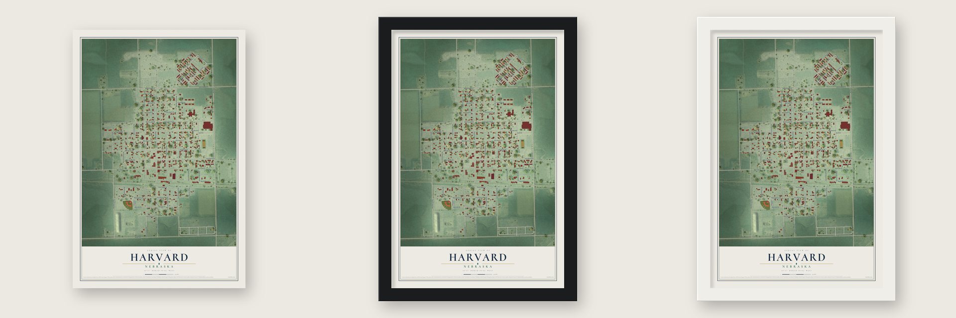 Harvard, Nebraska map unframed, in a black wood frame and in a white wood frame