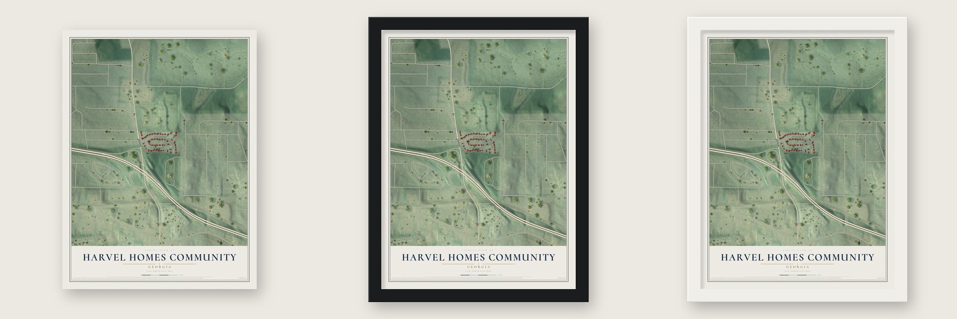 Harvel Homes Community, Georgia map unframed, in a black wood frame and in a white wood frame