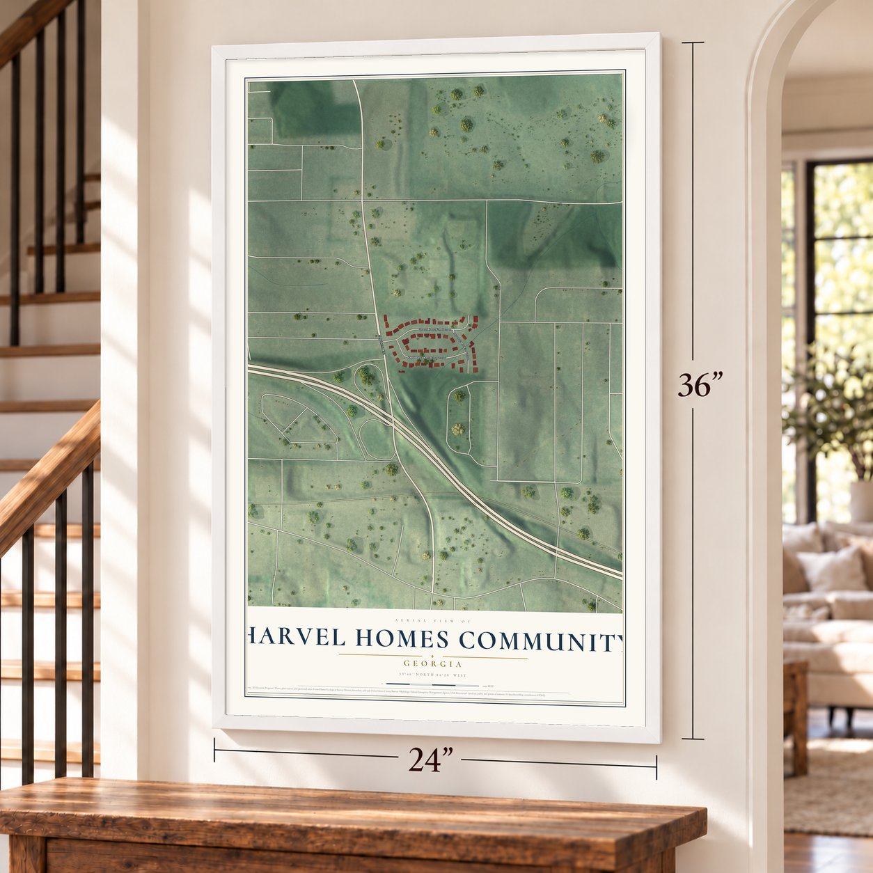 Harvel Homes Community, Georgia map, 24 x 36 inch print in a white frame by a staircase