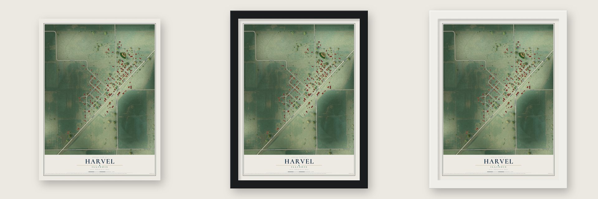 Harvel, Illinois map unframed, in a black wood frame and in a white wood frame