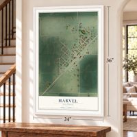 Harvel, Illinois map, 24 x 36 inch print in a white frame by a staircase