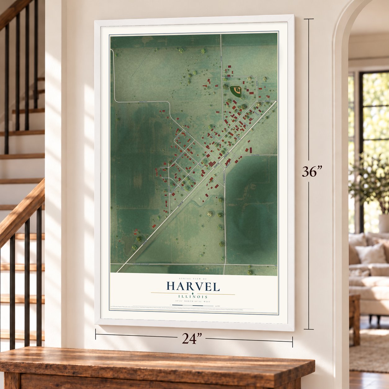 Harvel, Illinois map, 24 x 36 inch print in a white frame by a staircase