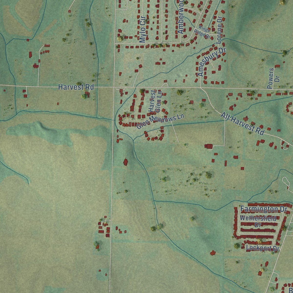 Second close-up of the map of Harvest, Alabama print showing more streets and buildings