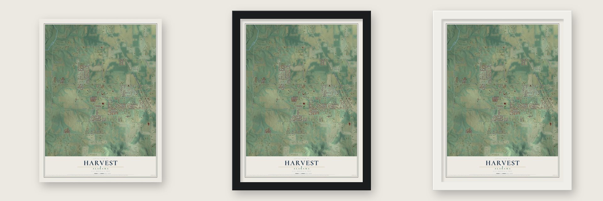 Harvest, Alabama map unframed, in a black wood frame and in a white wood frame