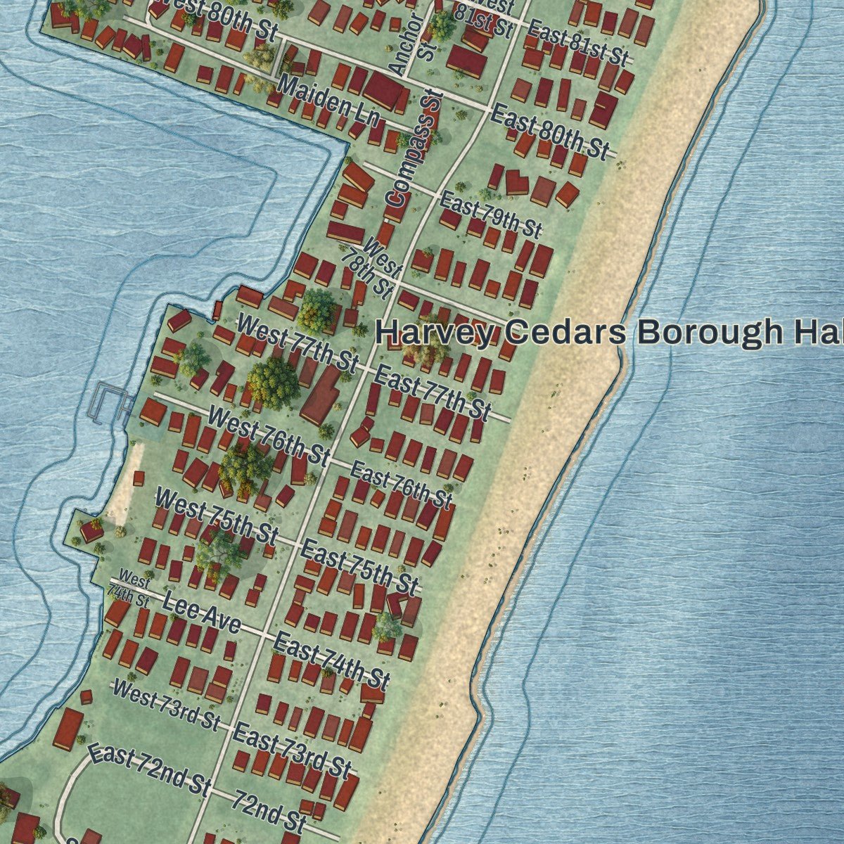 Second close-up of the map of Harvey Cedars, New Jersey print showing more streets and buildings
